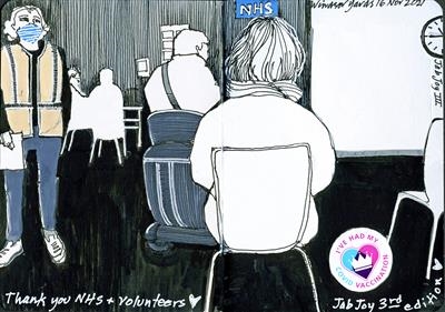 16 November 2021 Jab Joy No. 3 at the vaccination centre by Cynthia Barlow Marrs SGFA, Drawing, Pen on Paper