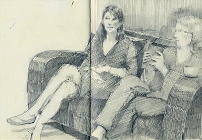 Authors Amy Shindler & Lesley Thomson by Cynthia Barlow Marrs SGFA, Drawing, Graphite in A5 Moleskine sketchbook