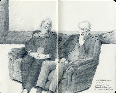 Authors Stephanie Butland and Robert Shore by Cynthia Barlow Marrs SGFA, Drawing, 0.5mm mechanical pencil in A5 Moleskine sketchbook