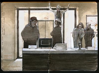 'Being Human' at the Wellcome Collection 19 November 2023 by Cynthia Barlow Marrs SGFA, Drawing, Ink and watercolour in A6 sketchbook