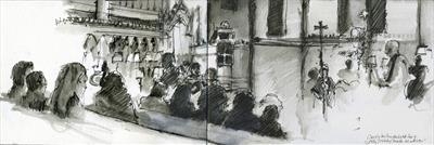 Carols by Candlelight 2014 at Holy Trinity Church, Windsor by Cynthia Barlow Marrs SGFA, Drawing, Ink in sketchbook