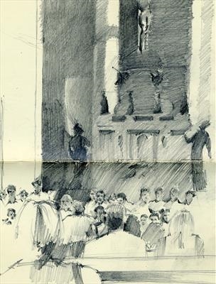 Cheltenham College Chapel Choir in Venice by Cynthia Barlow Marrs SGFA, Drawing, Graphite in A5 Moleskine sketchbook