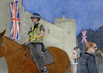 Crowd Management with Mounted Police 2018 by Cynthia Barlow Marrs SGFA, Painting, Watercolour on Paper