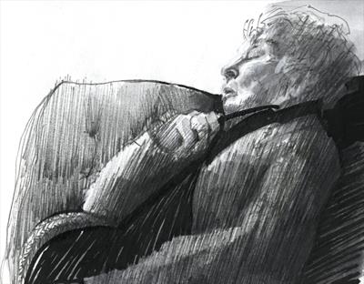 Dozing on the sun porch - March 2019 by Cynthia Barlow Marrs SGFA, Drawing, Graphite, finaliser pen and brush pens in A6 sketchbook