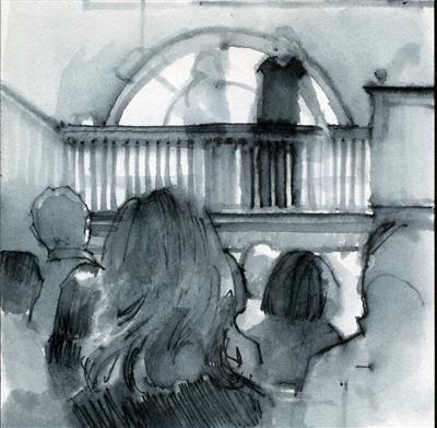 London launch of 'Court of Lions' by Jane Johnson by Cynthia Barlow Marrs SGFA, Drawing, Pen and wash in A6 sketchbook