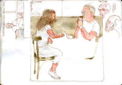 Lunch at Cafe Rouge Windsor by Cynthia Barlow Marrs SGFA, Drawing, Pen and watercolour in A6 sketchbook