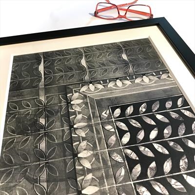 Papered Over No. 2 in mount and frame by Cynthia Barlow Marrs SGFA, Drawing, Graphite, ink and cut papers on litho printed paper