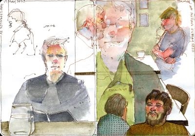 Pocket sketchbook 2023 - SJ Forbes salon, brunch at Millar's by Cynthia Barlow Marrs SGFA, Drawing, Pen and watercolour in A6 sketchbook