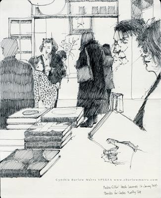 Robin Ellis launch at Books for Cooks, Notting Hill Gate by Cynthia Barlow Marrs SGFA, Drawing, Pigment liner pen in A5 Moleskine sketchbook