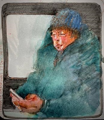 The blue coat January 2024 by Cynthia Barlow Marrs SGFA, Drawing, Pen and watercolour in A6 sketchbook