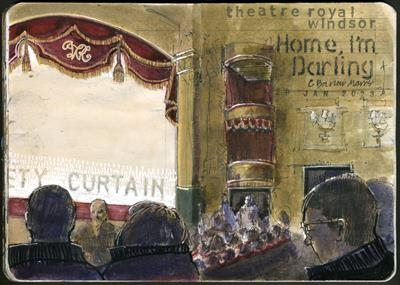 Theatre Royal Windsor - 'Home I'm Darling' January 2023 by Cynthia Barlow Marrs SGFA, Drawing, Pen and watercolour in A6 sketchbook