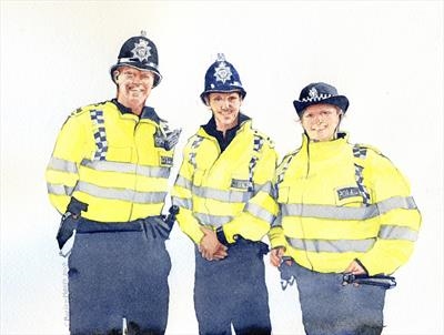 Triple Portrait with Police by Cynthia Barlow Marrs SGFA, Painting, Watercolour on Paper