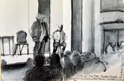 View from Row F: DOM the Play at Theatre Royal Windsor by Cynthia Barlow Marrs SGFA, Drawing