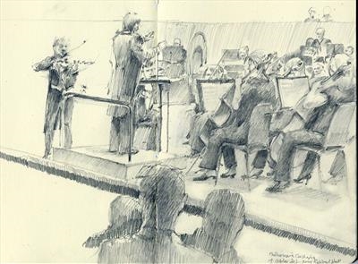 View from Row G: Philharmonia Orchestra by Cynthia Barlow Marrs SGFA, Drawing, Graphite in A5 Moleskine sketchbook