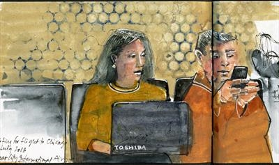 Waiting at the gate at Kansas City International Airport by Cynthia Barlow Marrs SGFA, Drawing, Pen and ink and watercolour in A5 sketchbook