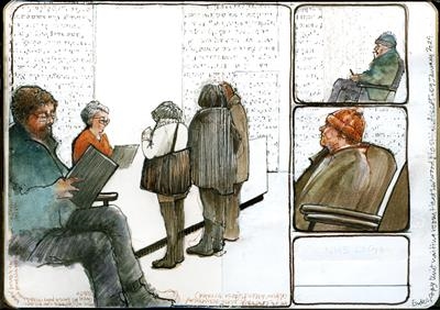 Waiting room, Heatherwood Hospital January 2024 by Cynthia Barlow Marrs SGFA, Drawing, Pen, watercolour and collage in A6 sketchbook