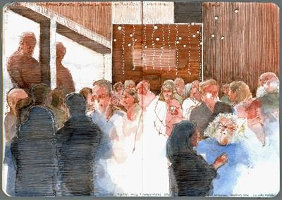 Windsor Fringe launch 2023 by Cynthia Barlow Marrs SGFA, Drawing, Ink and watercolour in A6 sketchbook