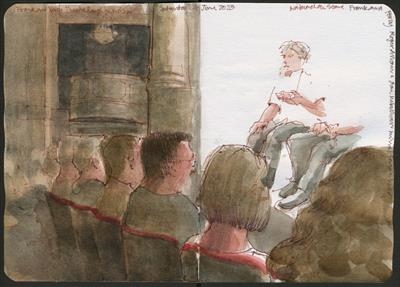 Windsor Theatre Royal - Frank and Percy by Cynthia Barlow Marrs SGFA, Drawing, Pen and watercolour in A6 sketchbook